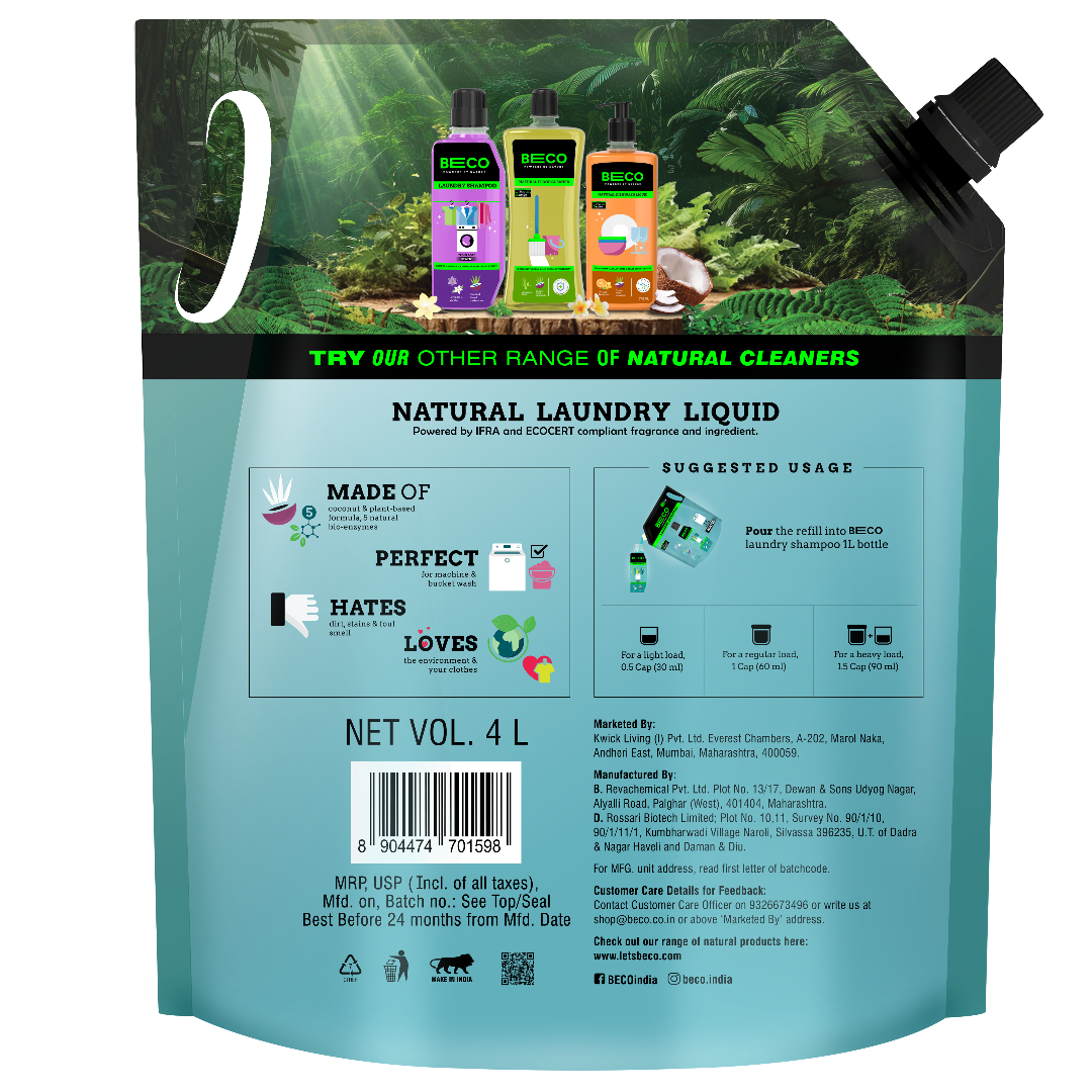 Natural Laundry Cleaner Liquid Shampoo Top Load 4 L Refill