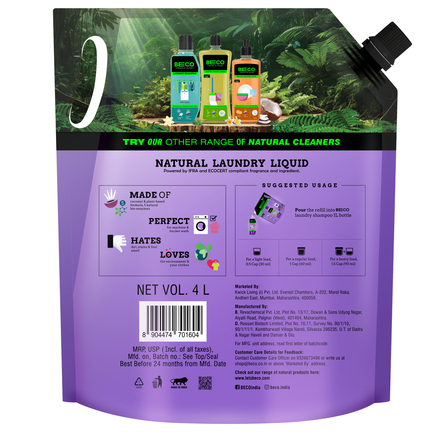 Natural Laundry Cleaner Liquid Shampoo Front Load 4 L Refill